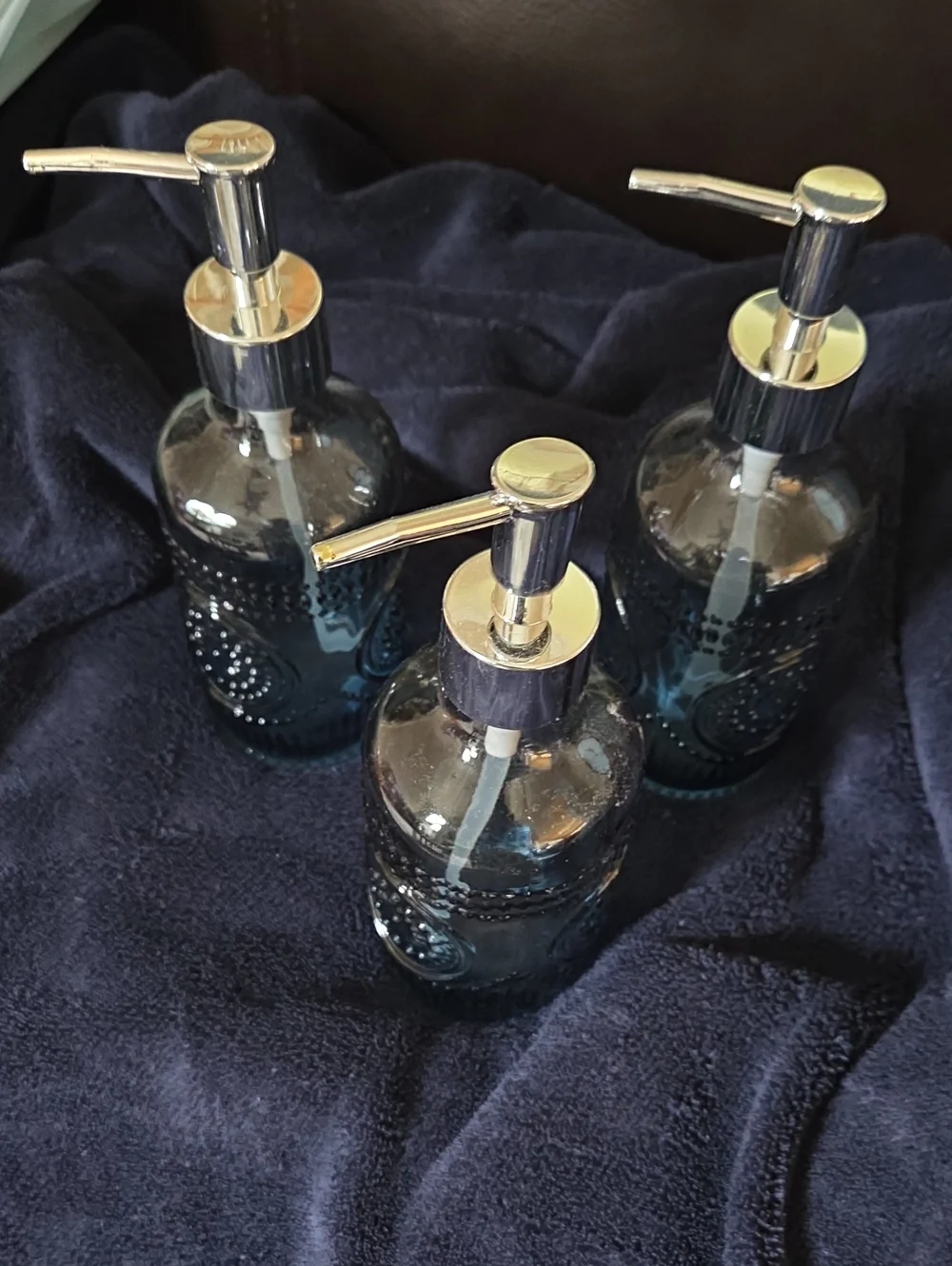 Set of 3 Blue Glass Soap Dispensers with Silver Pumps
